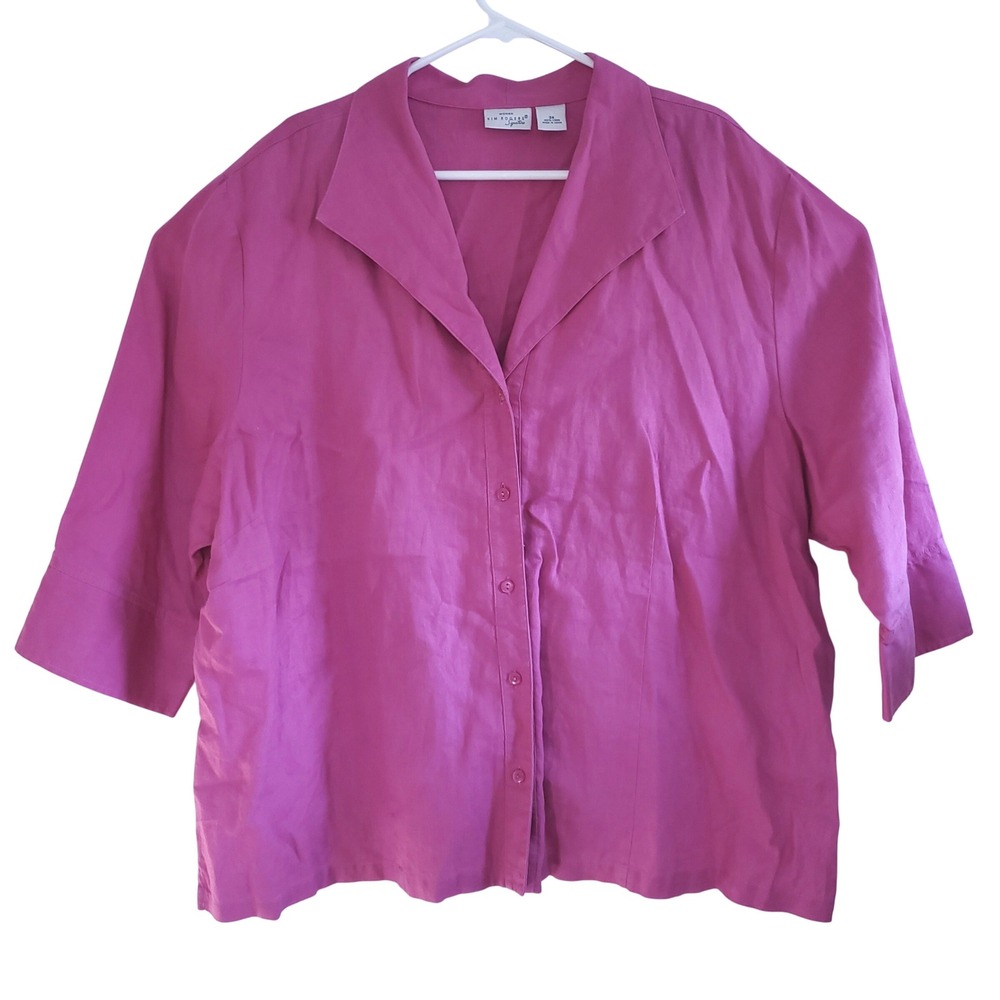 Pink 100% Linen Button Down Shirt 3X Fuchsia 3/4 Sleeve Kim Rogers Summer Top